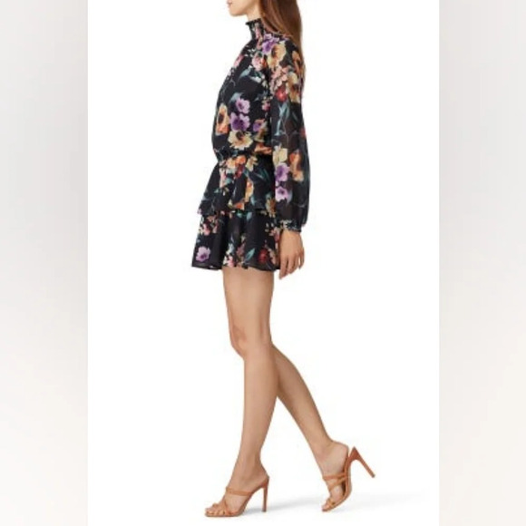 Yumi Kim Class Act Long Sleeve Floral Mock Neck Ruffle Mini Dress Black XS NWT - Picture 5 of 15
